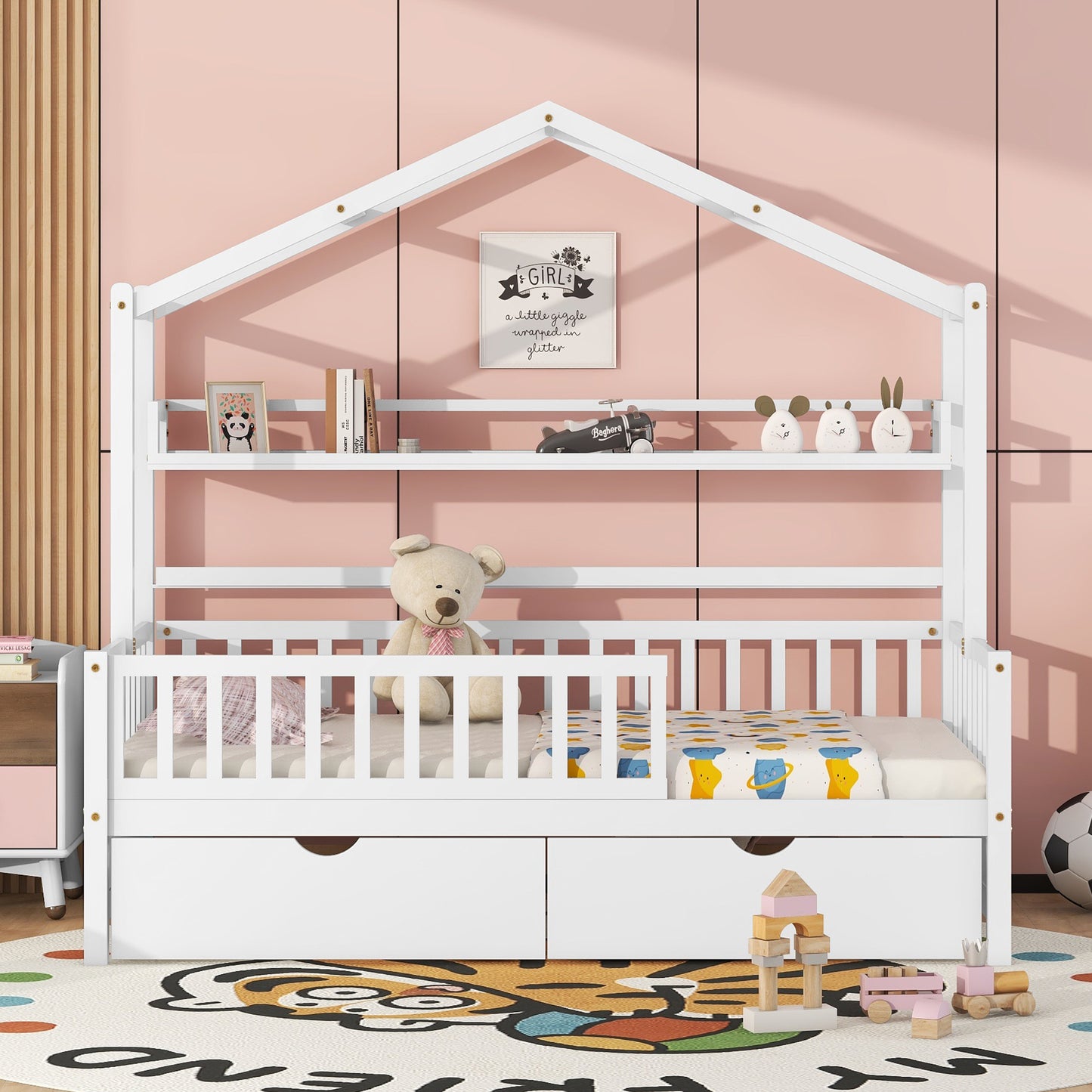 Wooden Twin Size House Bed with 2 Drawers Kids Bed with Storage Shelf White