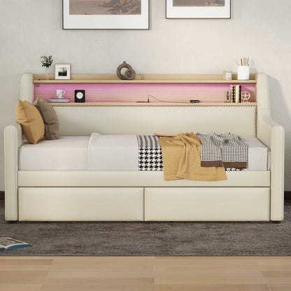 Twin Size Daybed with Storage Drawers, Upholstered Daybed with Charging Station and LED Lights, Beige