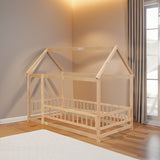 Twin Size Floor Wooden Bed with House Roof Frame, Fence Guardrails