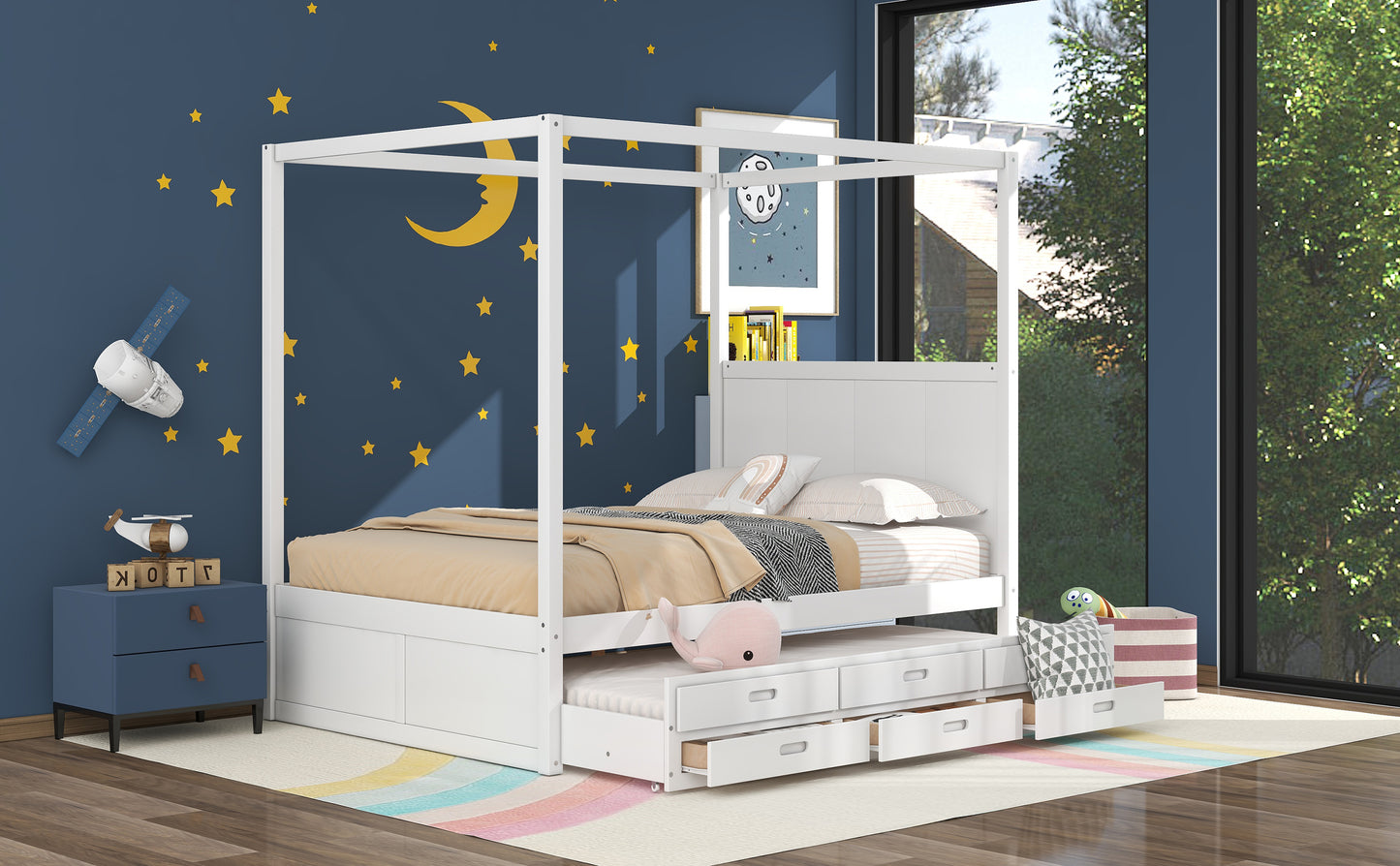 Queen Size Canopy Platform Bed with Twin Size Trundle and Three Storage Drawers White