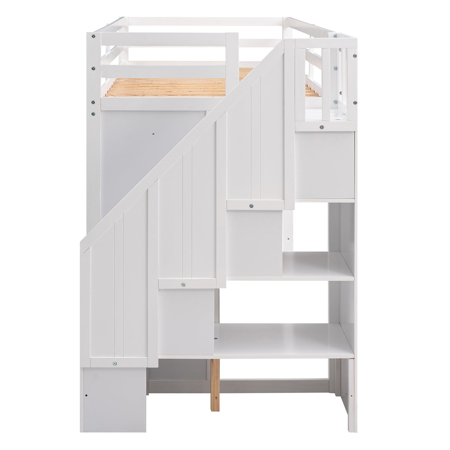 Functional Loft Bed with 3 Shelves, 2 Wardrobes and 2 Drawers, Ladder with Storage, No Box Spring Needed, White