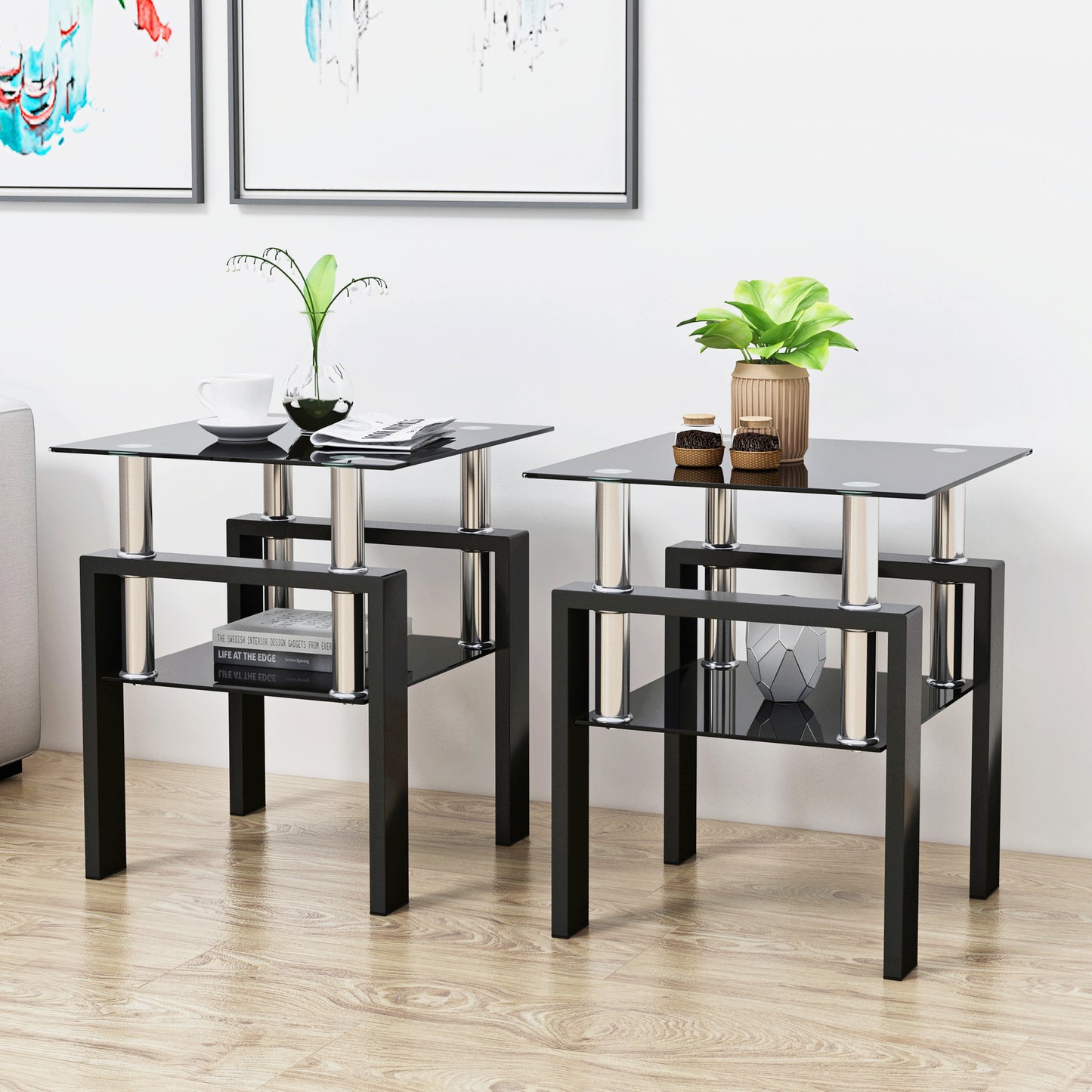 Set of 2 Modern Tempered Glass Tea Tables, Square Design for Living Rooms, Black Finish