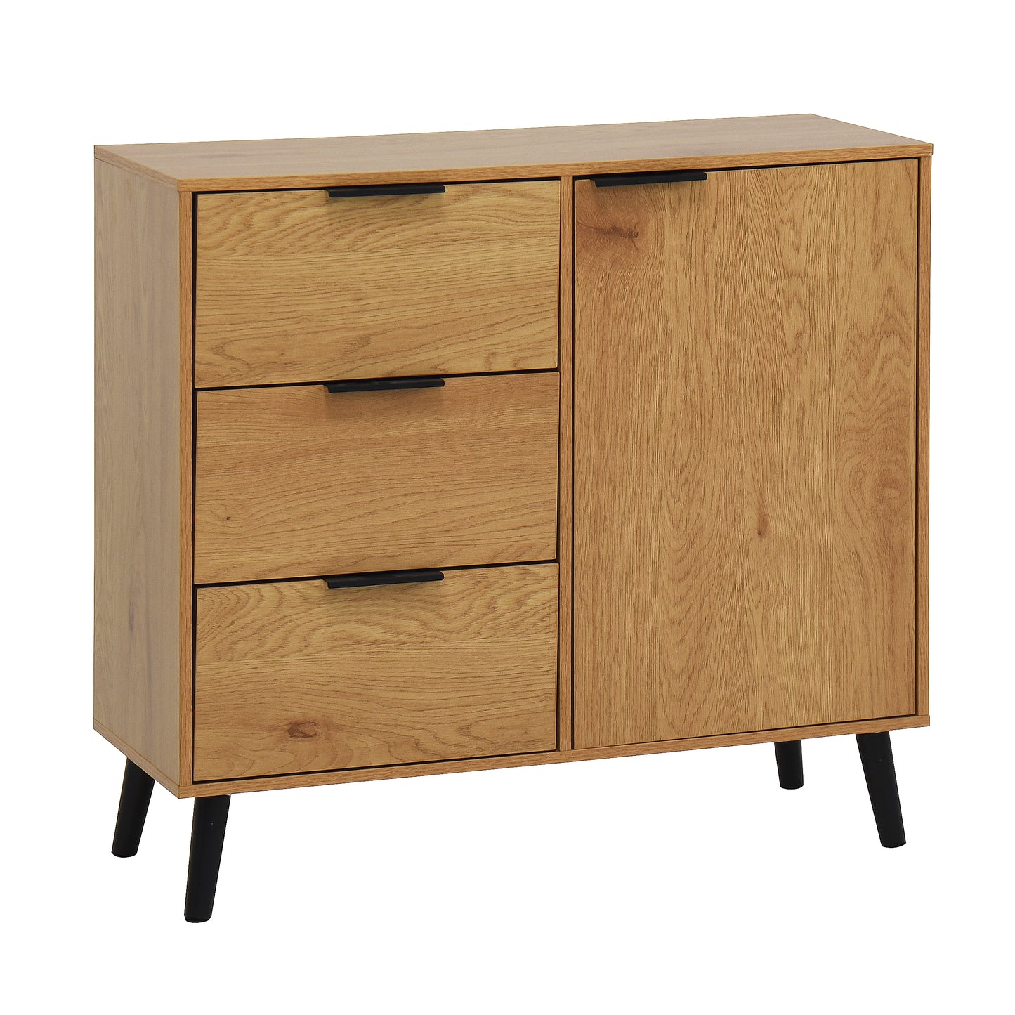 Storage cabinet with 3 drawers and adjustable shelves, medieval cabinet with doors in natural wood color