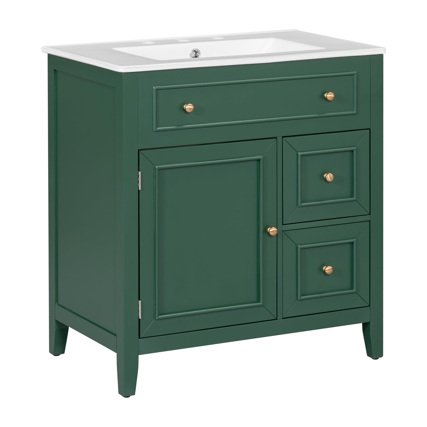 Mueble de baño de 30" con encimera de lavabo, armario de madera maciza con puerta y dos cajones, color verde