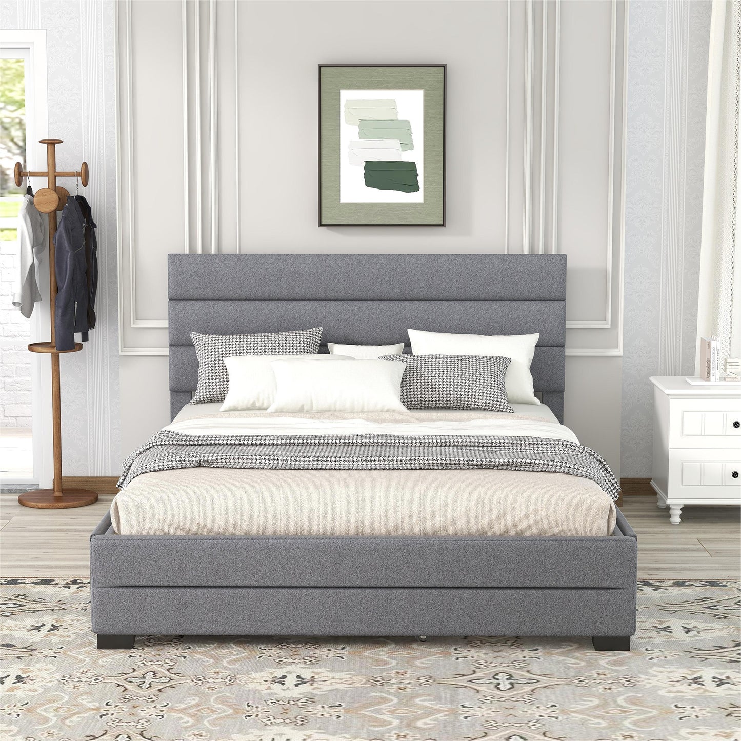 Queen Upholstered Platform Bed with Twin Size Trundle and Two Drawers Grey