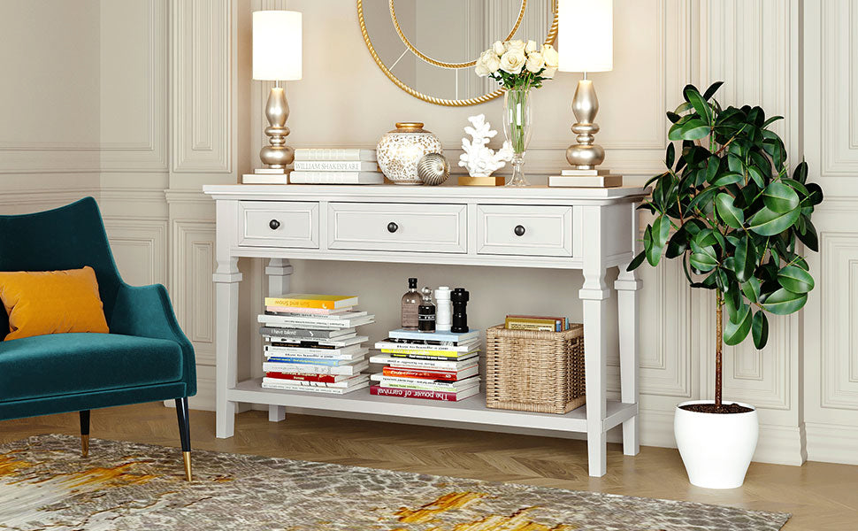 TREXM Classic Retro Style Console Table with Three Top Drawers and Open Style Bottom Shelf (Antique White)