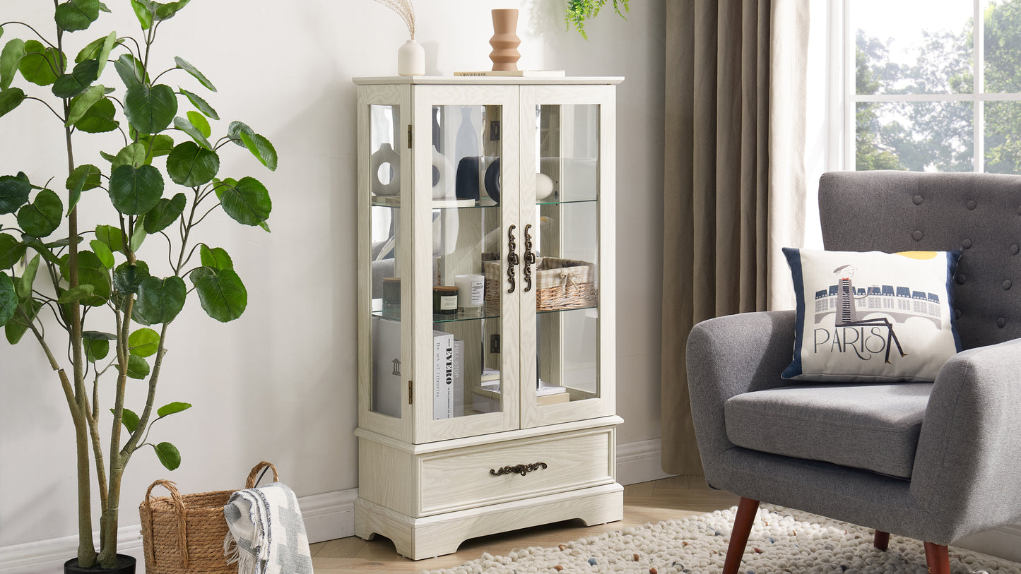 Light colored glass cabinet Curio display cabinet with adjustable glass frame, 2 doors and 1 drawer, including white light bulbs