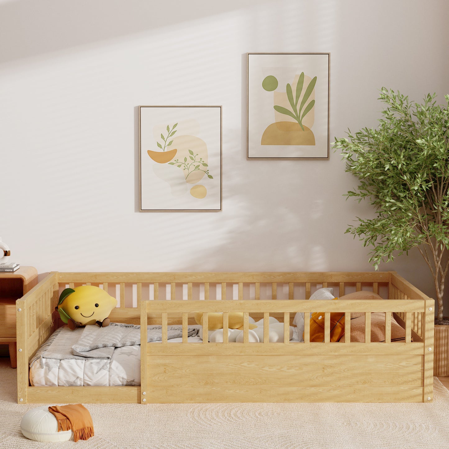 Twin Floor Bed Frame with Fence, Wood Kids Floor Beds Frame for Bedroom Playroom,Natural