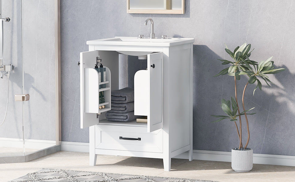 24" Bathroom Vanity with Sink, Solid Wood and MDF Cabinet with One Drawer and Doors, White Finish