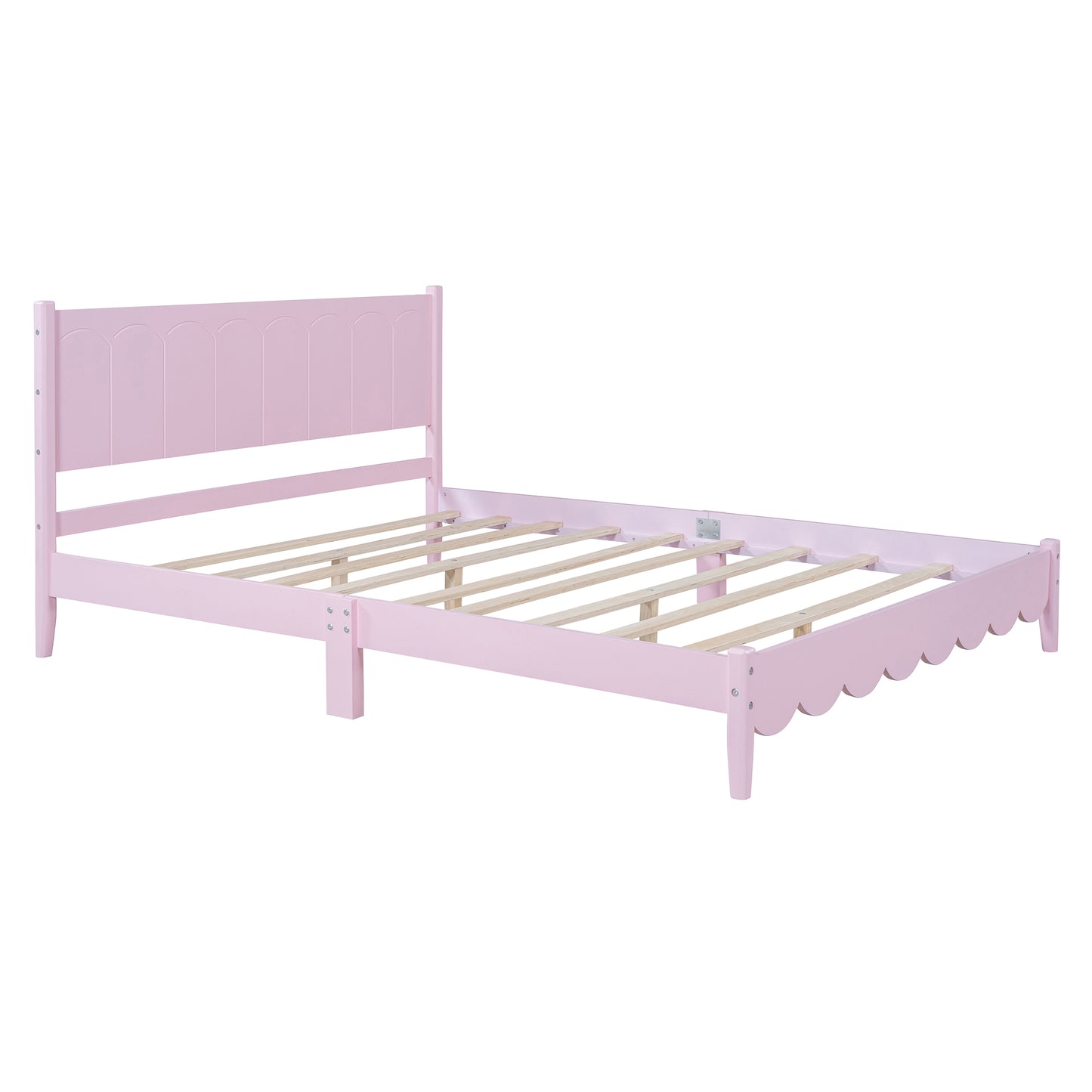 Queen Size Wood Platform Bed Frame, Retro Style Bed with Rectangular Headboard,No Need Box Spring,Pink