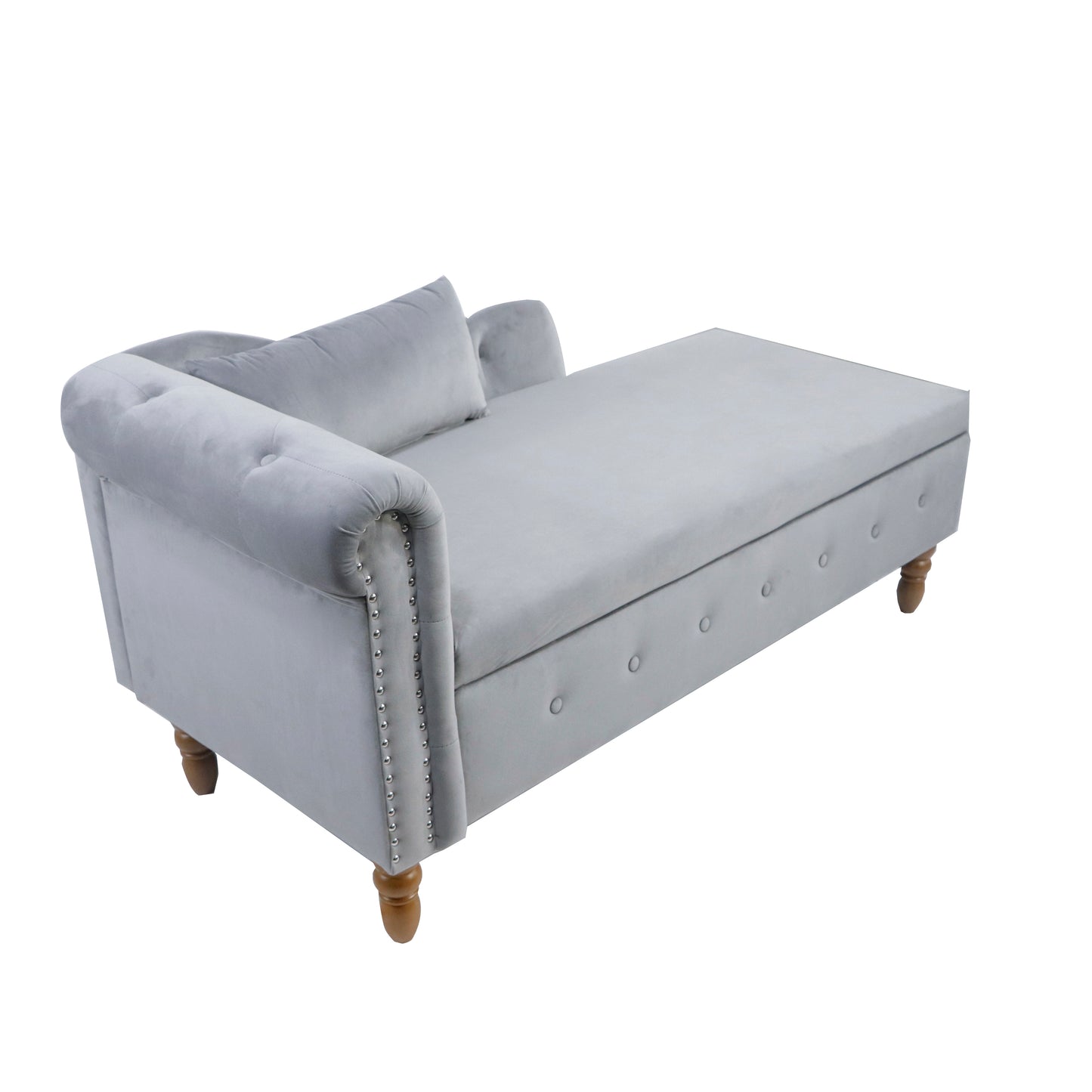 Sillón chaise longue gris de terciopelo para interiores con espacio de almacenamiento y almohada, diseño moderno tapizado con brazos enrollados