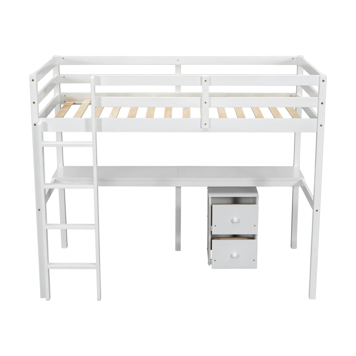 Twin Loft Wood Bed with Built-In Desk, Storage Cabinet, Guardrails, and Ladder, White Finish