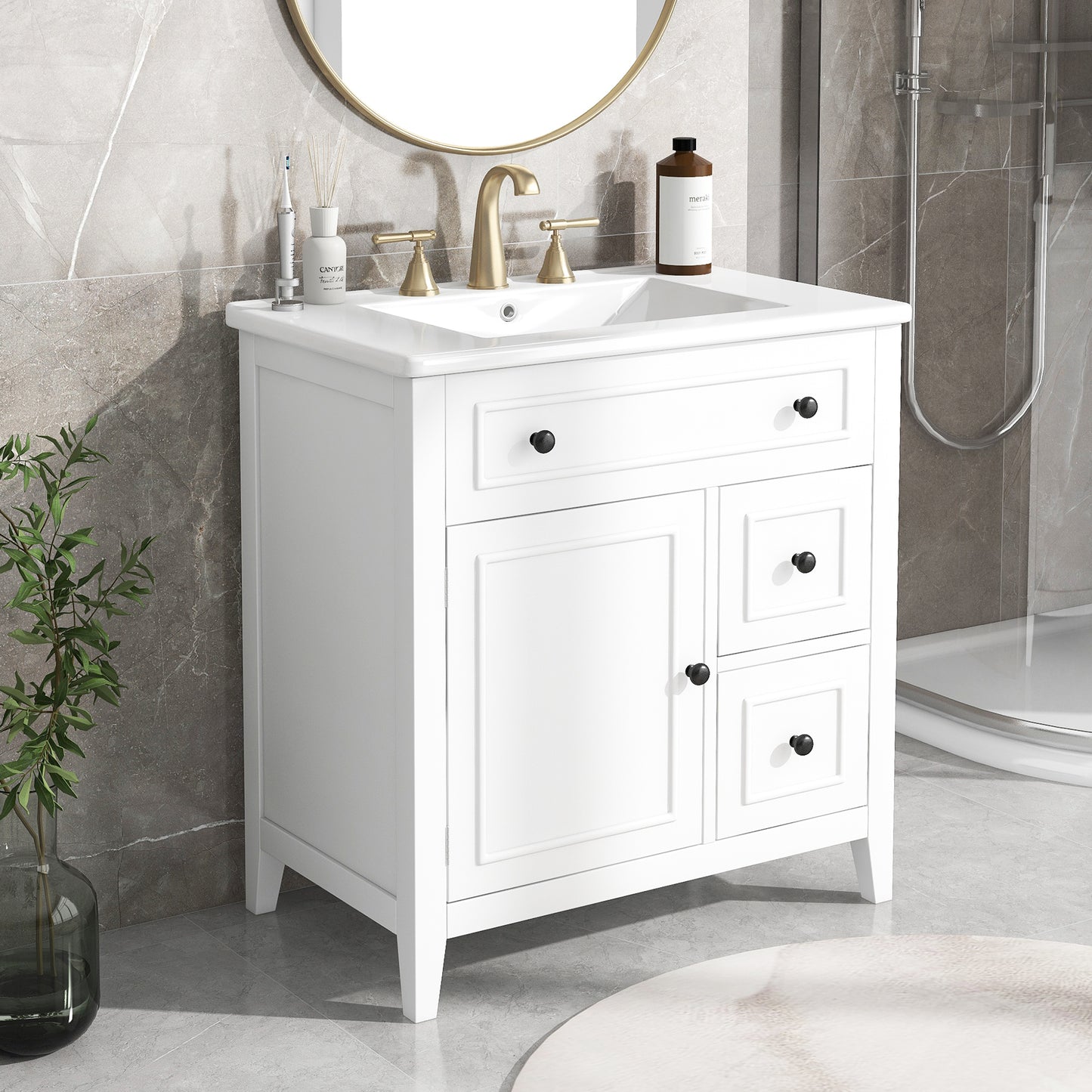 Mueble de baño de 30" con encimera de lavabo, armario de madera maciza con puerta y dos cajones, color blanco