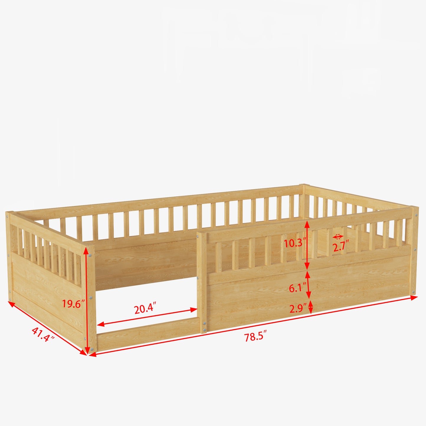 Twin Floor Bed Frame with Fence, Wood Kids Floor Beds Frame for Bedroom Playroom,Natural