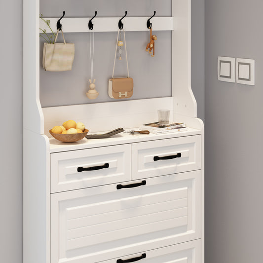 New White Shoe Cabinet with 3 Doors, 2 Drawers, and Hanger, PVC Door Design for Large Storage