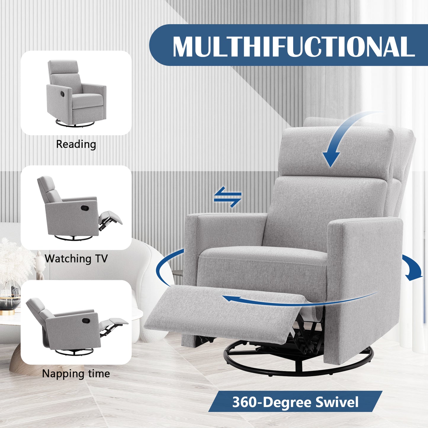 Modern Upholstered Rocker Nursery Chair Plush Seating Glider Swivel Recliner Chair Gray