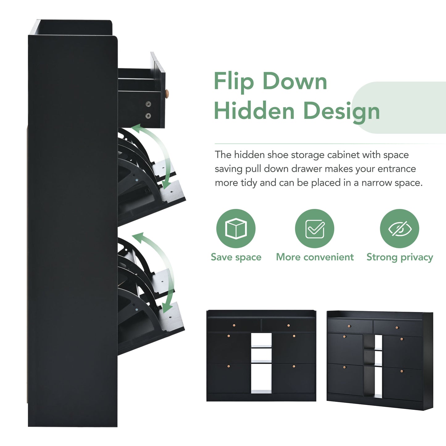 ONTREND modern shoe cabinet with 4 flipped drawers, multifunctional double-layer shoe storage with drawers, black.