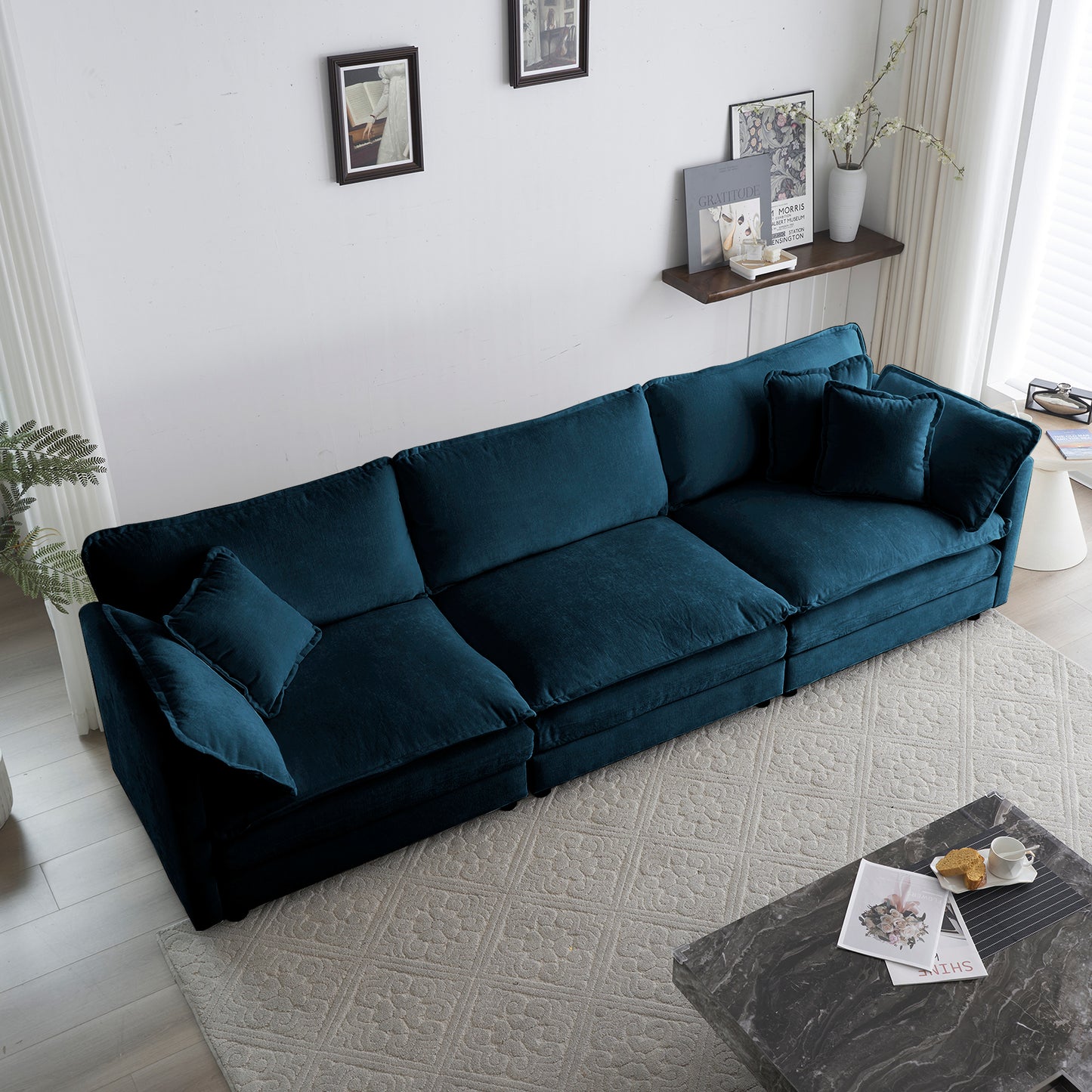 Mid-Century Modern 3-Seater Sofa with 2 Armrest Pillows and 3 Toss Pillows, Blue Chenille Fabric for Living Rooms