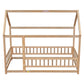 Twin Size Floor Wooden Bed with House Roof Frame, Fence Guardrails