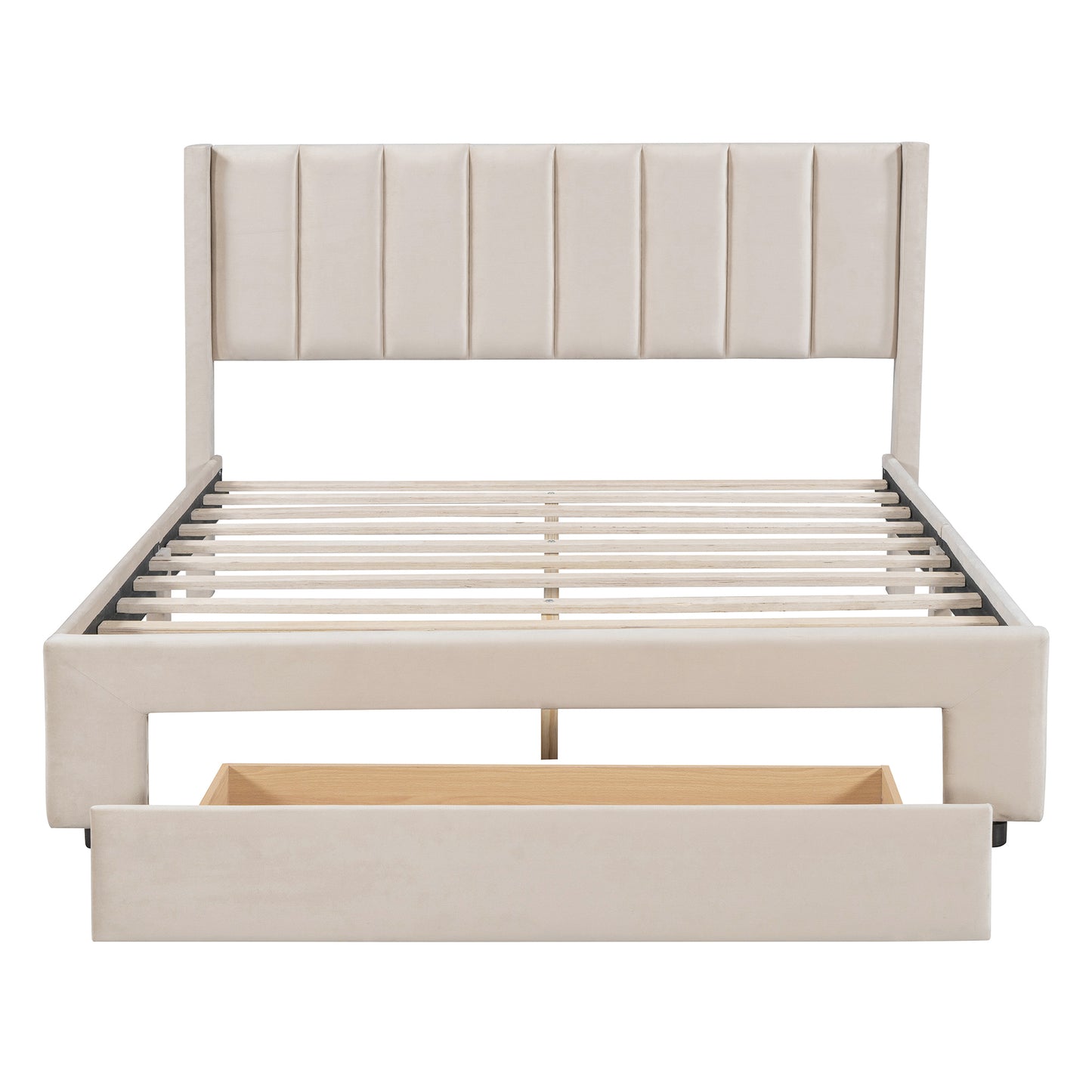 Queen Size Storage Bed Velvet Upholstered Platform Bed with a Big Drawer - Beige