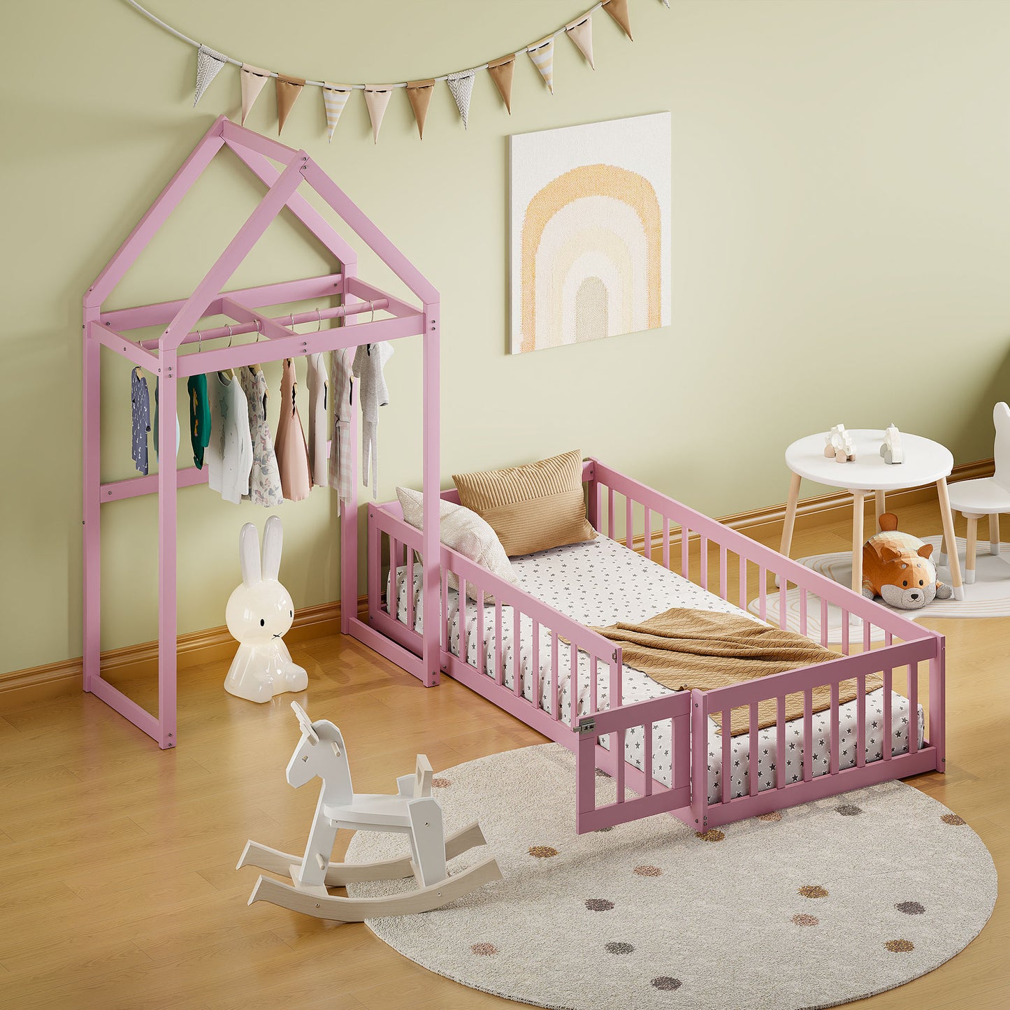 Wooden Twin Size Children's Bed with Detachable Headboard and Integrated Clothes Drying Rack, Pink