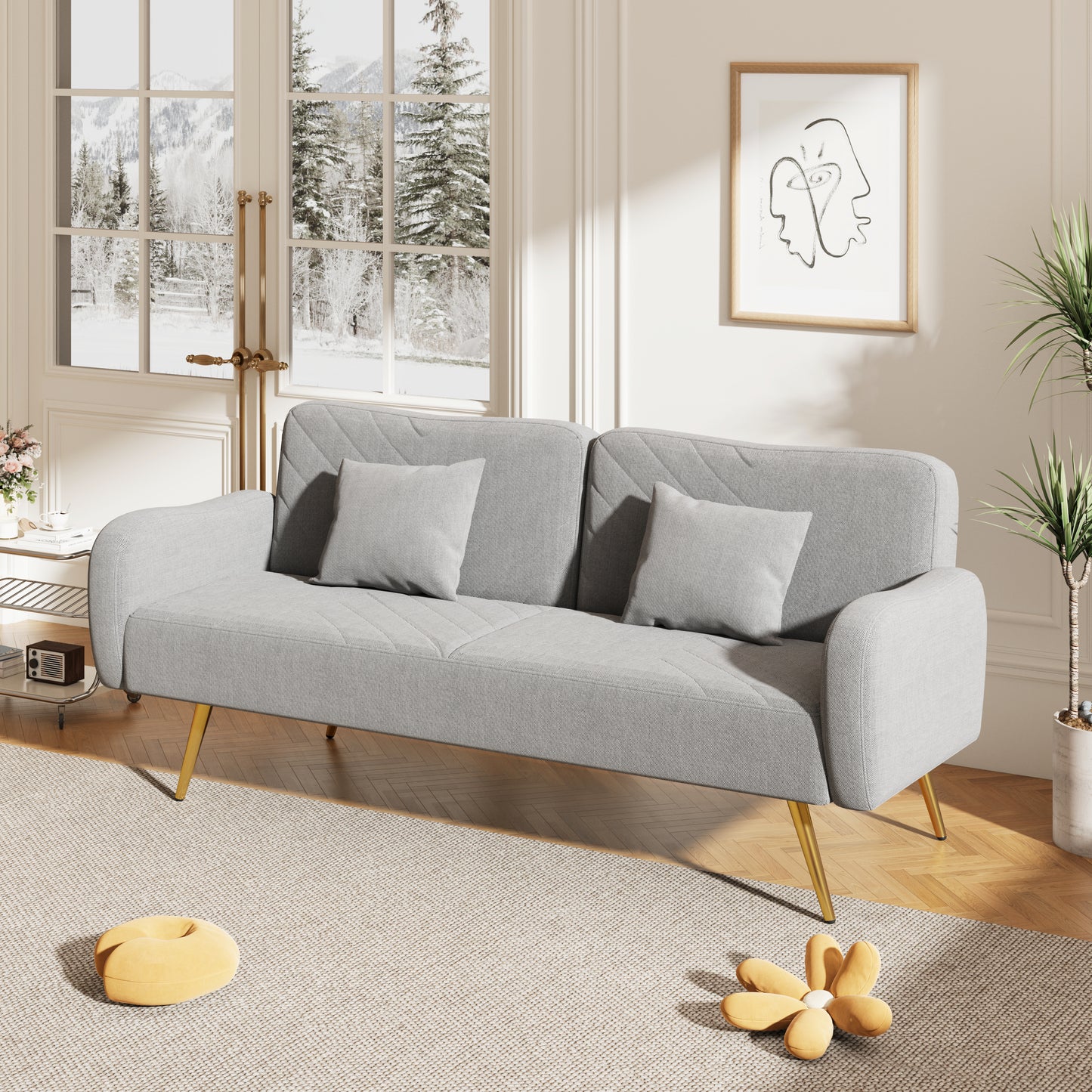 Gray Fabric Double Sofa with Split Backrest and Two Throw Pillows