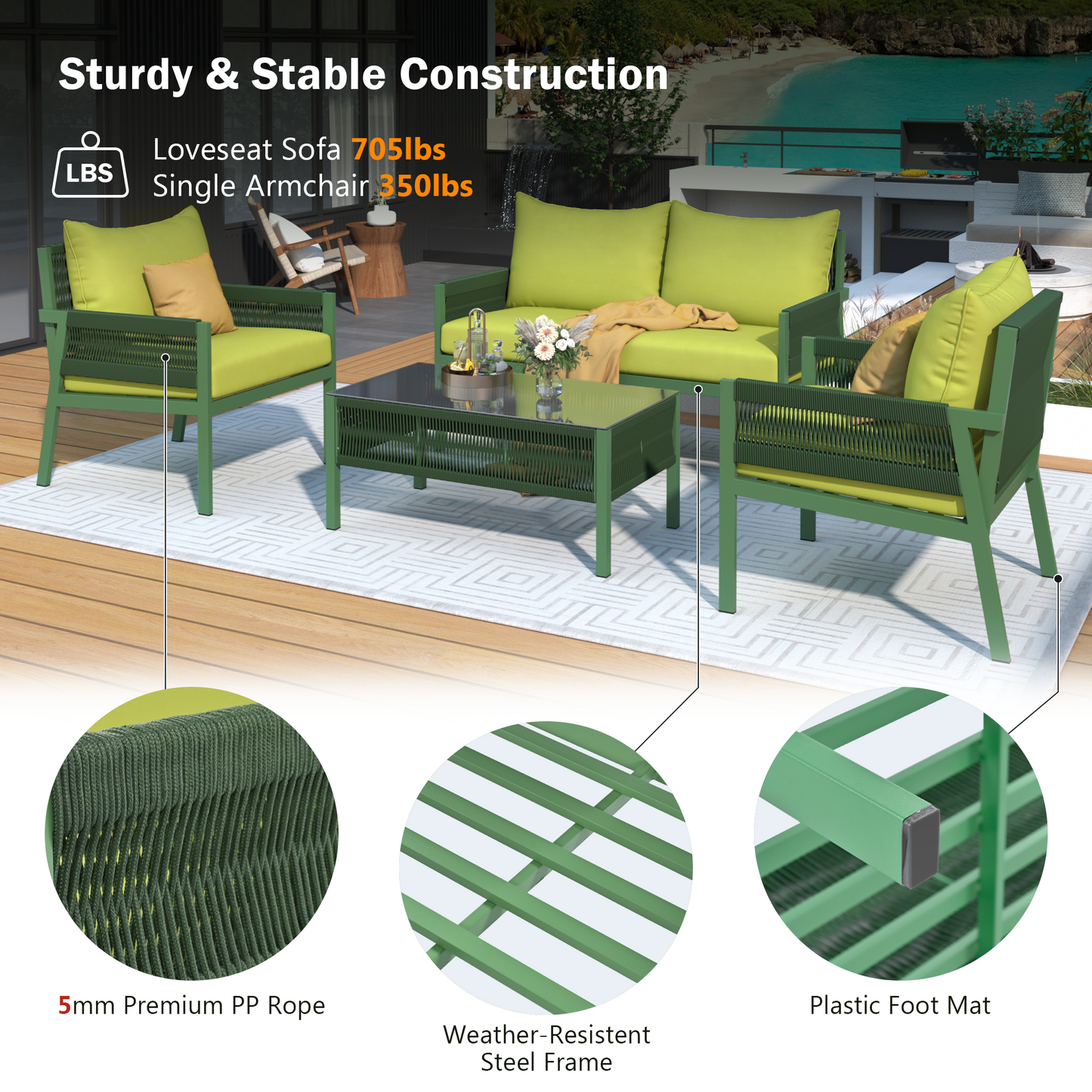 Outdoor Furniture with Tempered Glass Table, Deep Seating with Thick Cushions in Fluorescent Yellow and Green