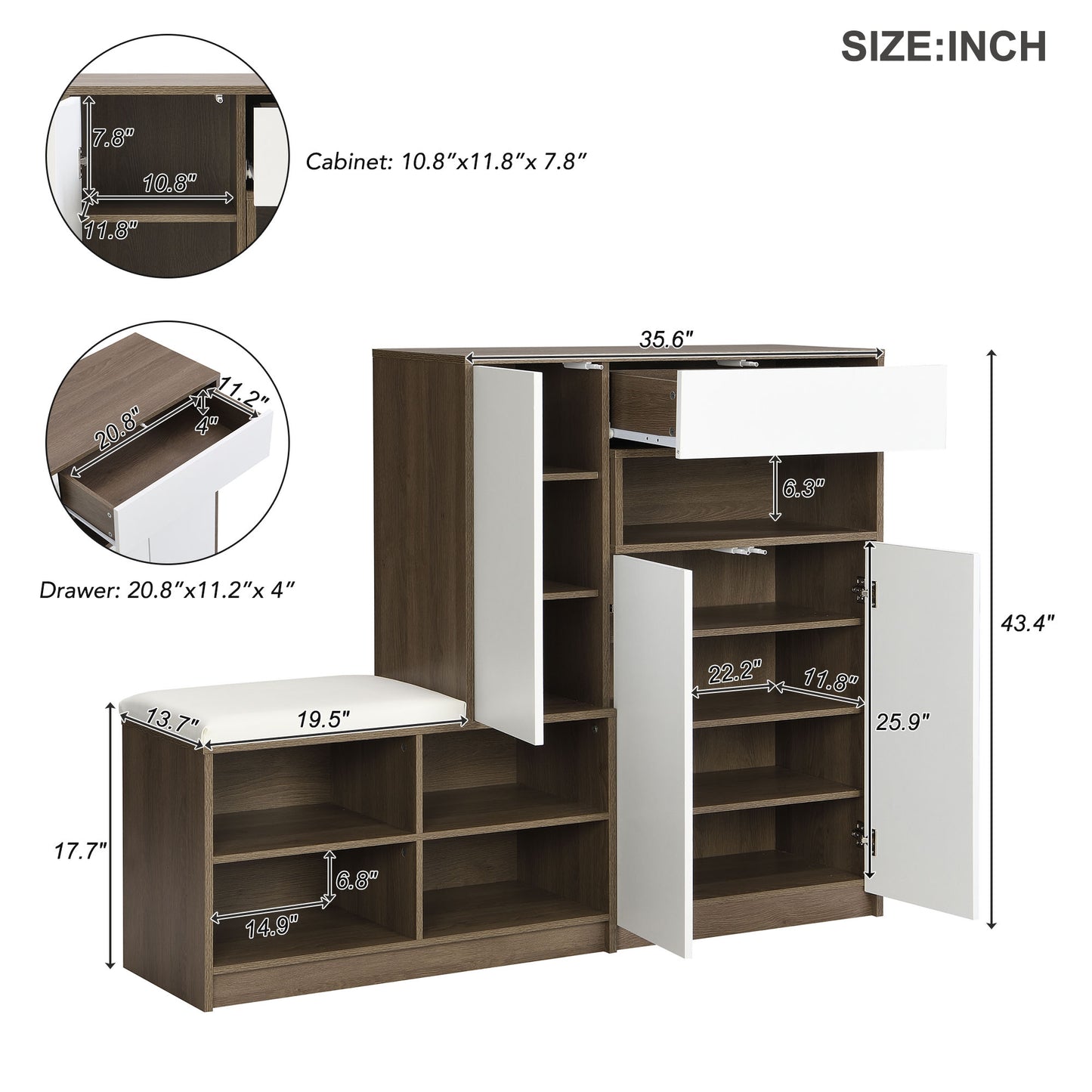 ON-TRANS 2-in-1 Shoe Storage Platform and Cabinet with Soft Cushioned Seats and Adjustable Shelves, White