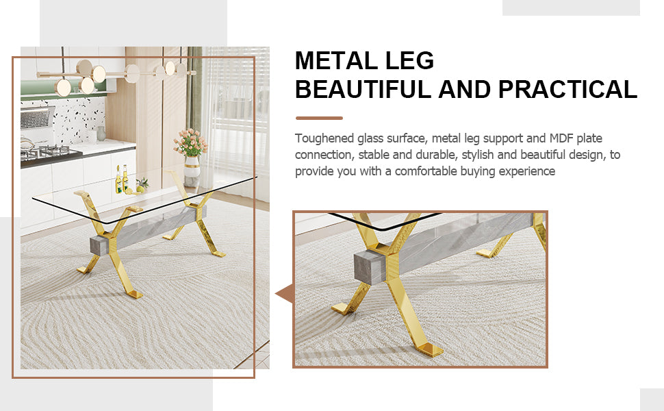 Modern Tempered Glass Dining Table, Large Office Desk with Gold Plated Metal Legs and MDF Crossbars