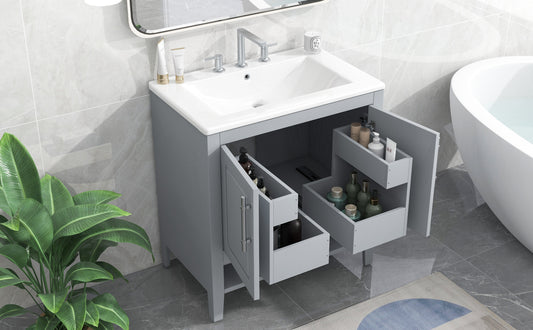 Bathroom Vanity with Sink, Multi-functional Bathroom Cabinet with Doors and Drawers, Solid Frame and MDF Board, Grey