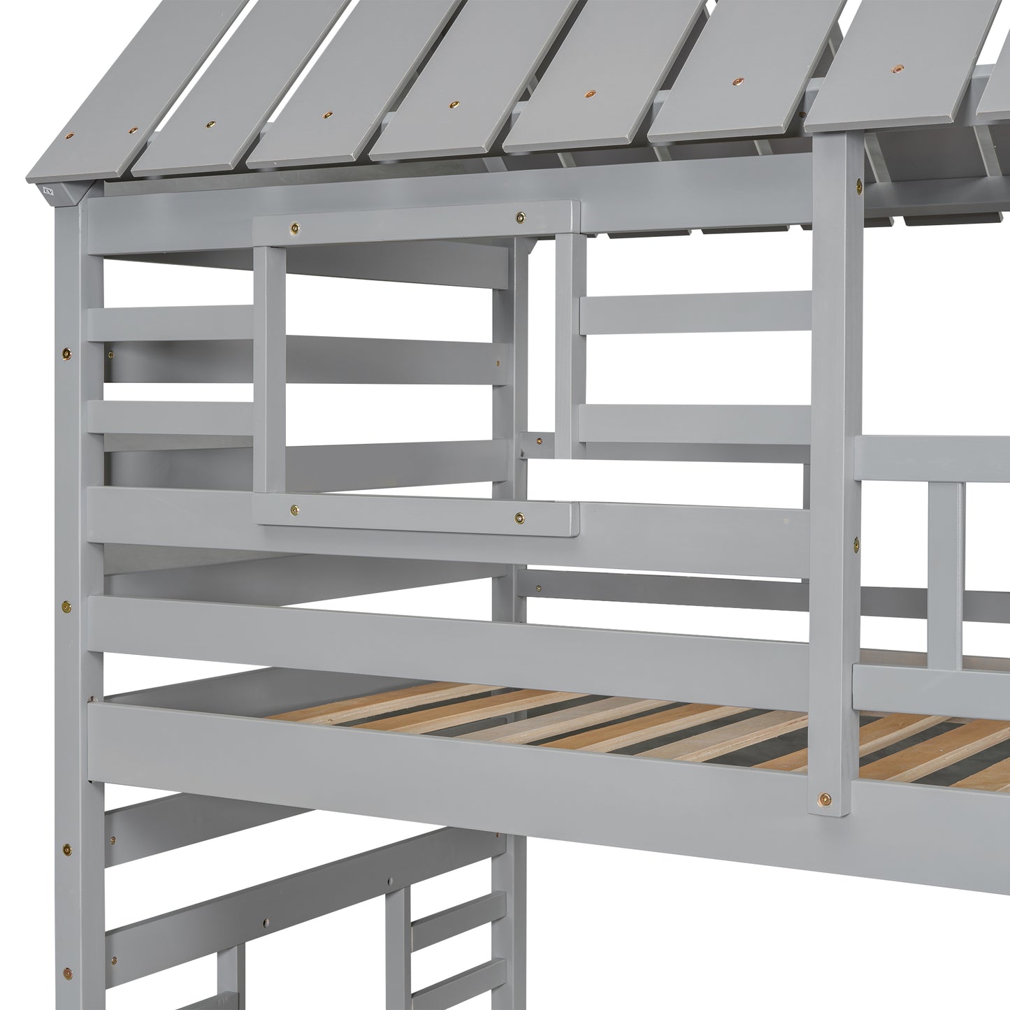 Twin over Twin House Bunk Bed with Trundle and Slide Storage Staircase, Roof and Window Design  Gray