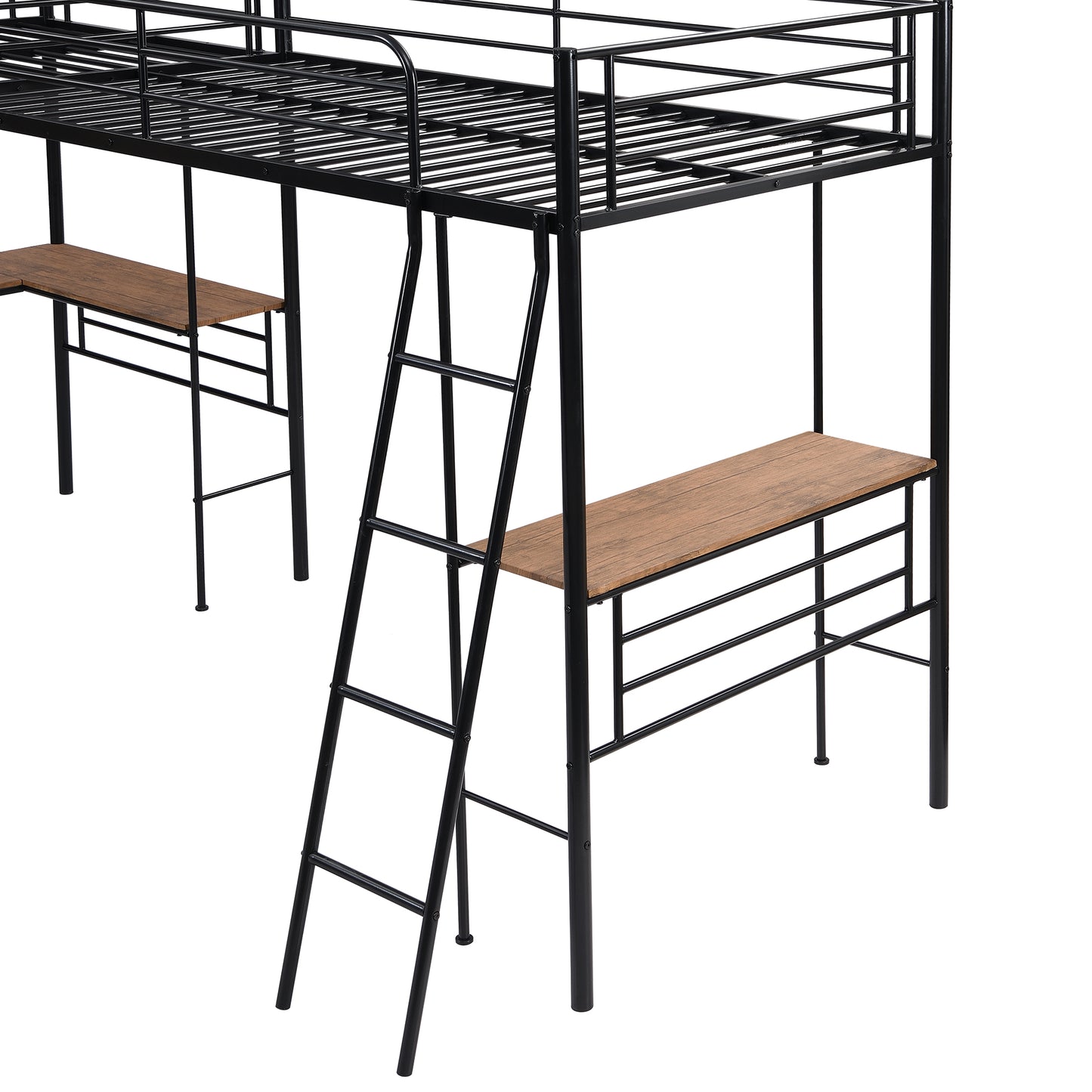 Twin Size Metal Loft Bed with Two Built-in Desks Black