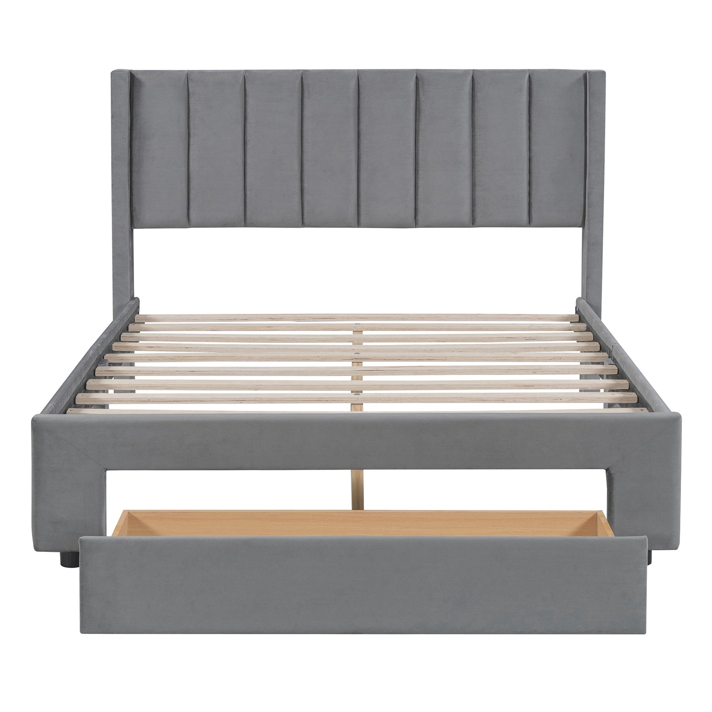 Full Size Storage Bed Velvet Upholstered Platform Bed with a Big Drawer - Gray