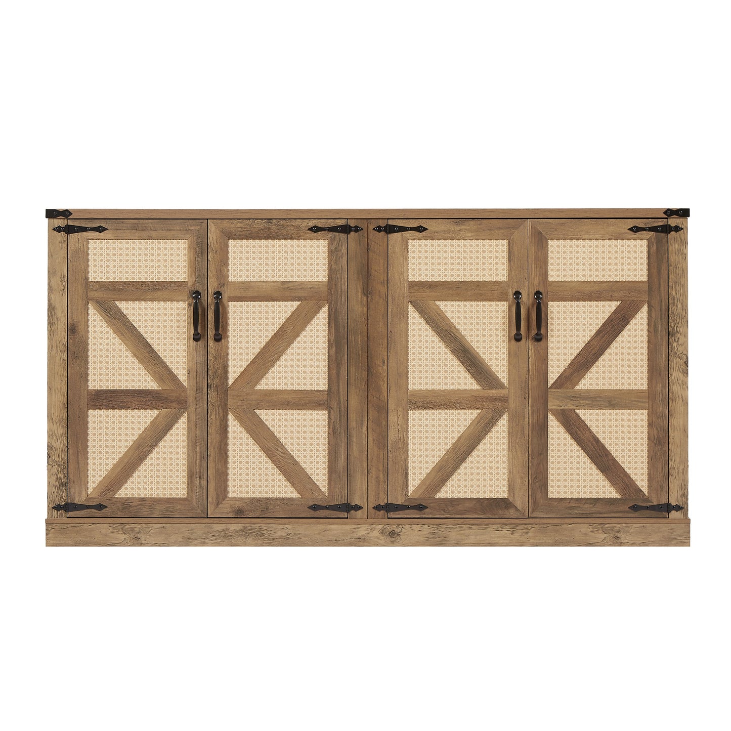 65-Inch Rustic Oak Faux Rattan Sideboard, Barn Door Design for Living Rooms, Entryways, and Bedrooms