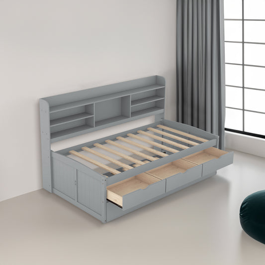 Twin Size Wooden Captain Bed with Built-in Bookshelves,Three Storage Drawers and Trundle Light Grey