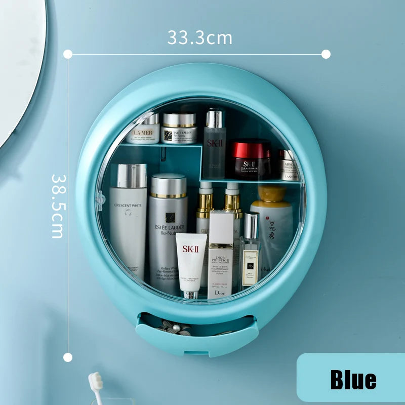 Organizador de maquillaje de pared para baño, caja de almacenamiento de cosméticos y joyas de gran capacidad sin perforaciones, estante de belleza para el cuidado de la piel para mujeres