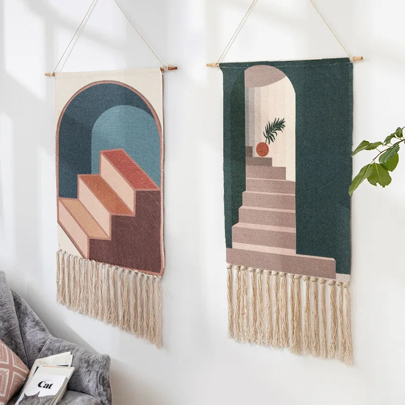 Tapiz de macramé para colgar en la pared, tapiz de algodón y lino con borlas, estampado geométrico, tapiz musulmán para colgar en la pared, tapices de macramé para decoración del hogar