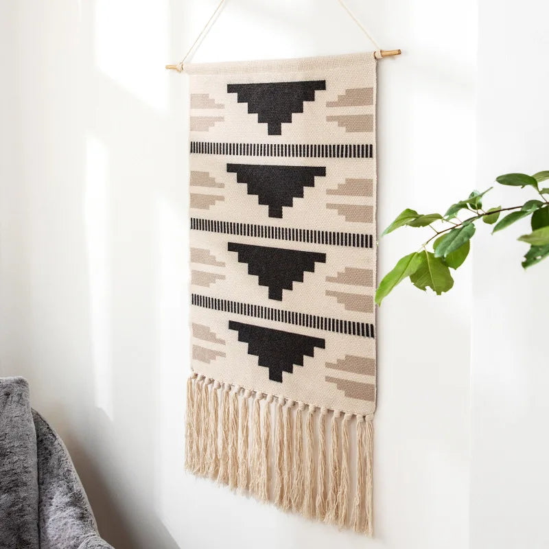 Tapiz de macramé para colgar en la pared, tapiz de algodón y lino con borlas, estampado geométrico, tapiz musulmán para colgar en la pared, tapices de macramé para decoración del hogar