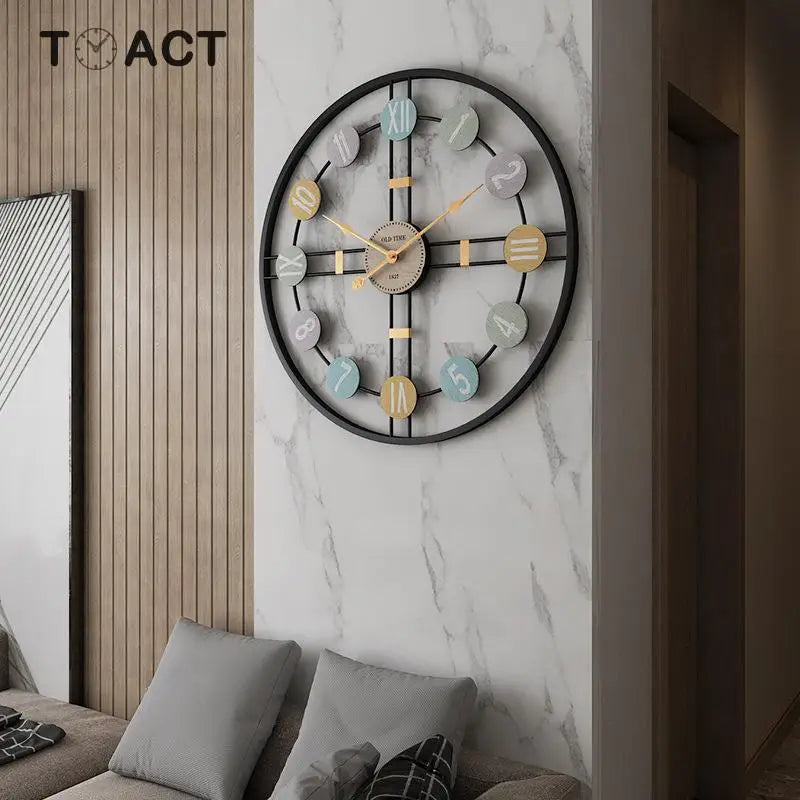 Reloj de pared de metal con números romanos para decoración del hogar y la sala de estar, redondo