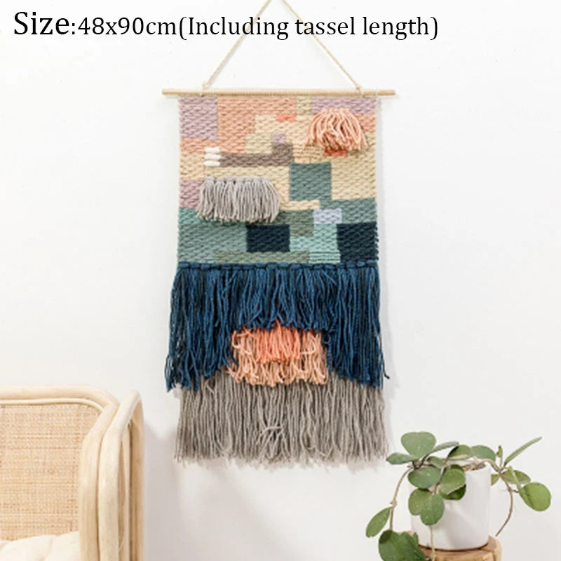 Hand Woven Tufted Tapestry Macrame Tassel Bohemian Wall Hanging Tapestries Boho Weding Wall Decor Apartment Dorm Room Decoration