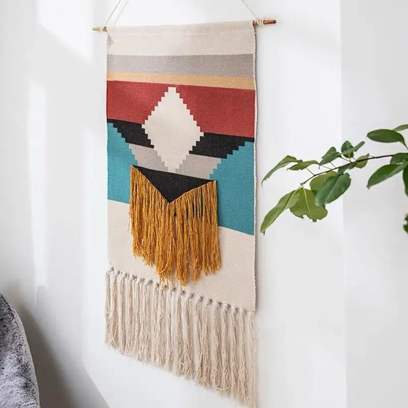 Tapiz de macramé para colgar en la pared, tapiz de algodón y lino con borlas, estampado geométrico, tapiz musulmán para colgar en la pared, tapices de macramé para decoración del hogar