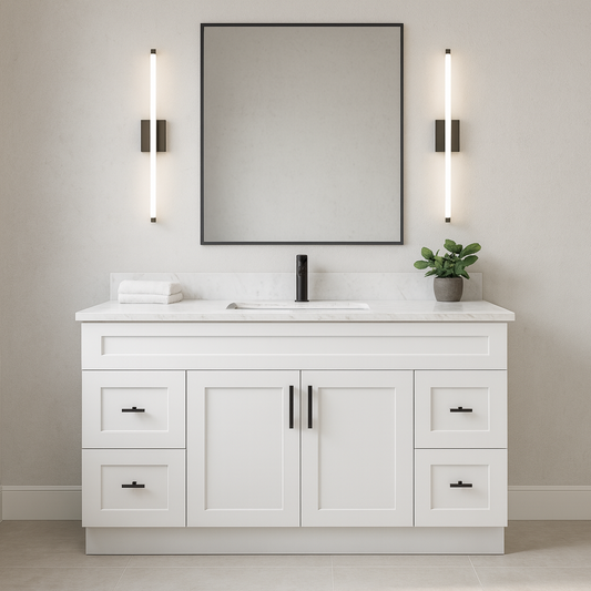 72-Inch Single Sink Shaker Bathroom Vanity — White or Gray | Plywood Cabinet, Solid-Wood Doors, Soft-Close 3-Way Clip-On Hinges | 4 Drawers, Center Double Doors