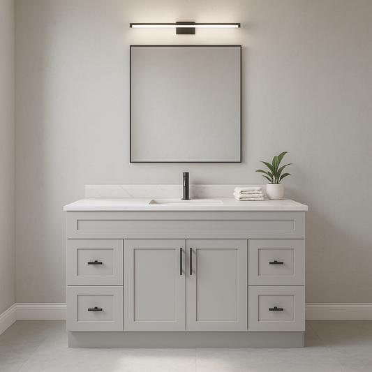 60-Inch Single Sink Shaker Bathroom Vanity — White or Gray | Plywood Cabinet, Solid-Wood Doors, Soft-Close 3-Way Clip-On Hinges | 4 Drawers, Center Double Doors