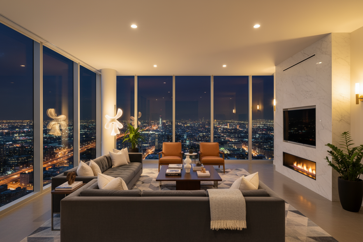 highrise apartment interior nighttime with city lights in background