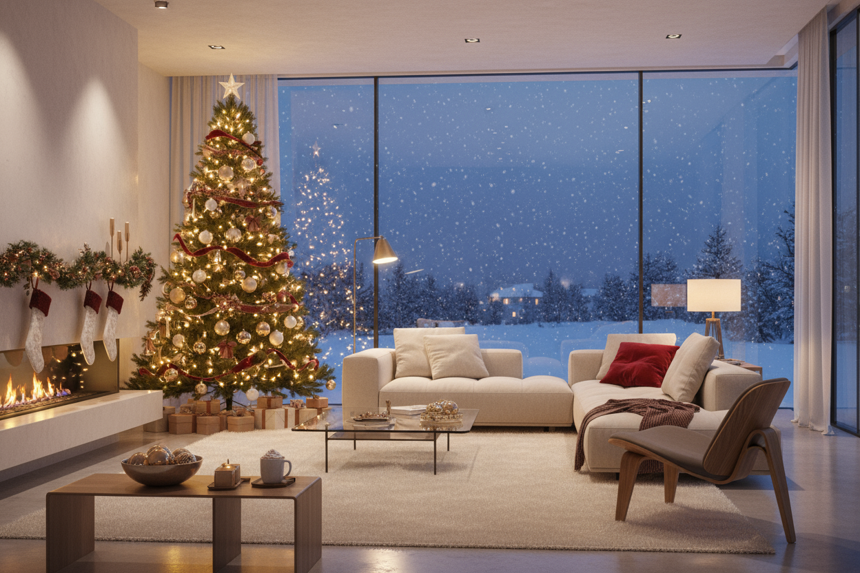 interior of a house, christmas decorated, modern furniture, winter time outside - snowy and dark, but inside the house is cozy and warm