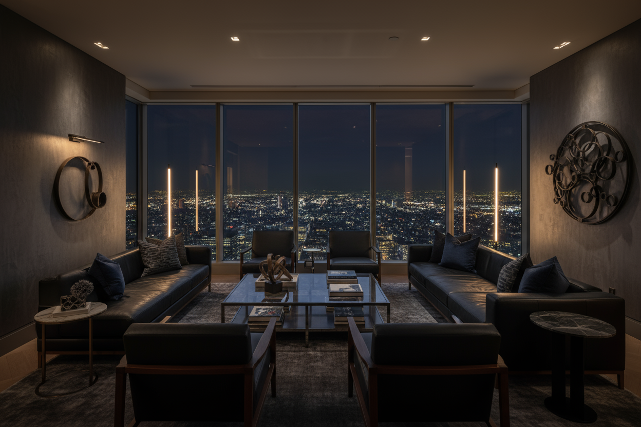 long horizontal image of a dark aesthetic condo high rise living room at night time 
